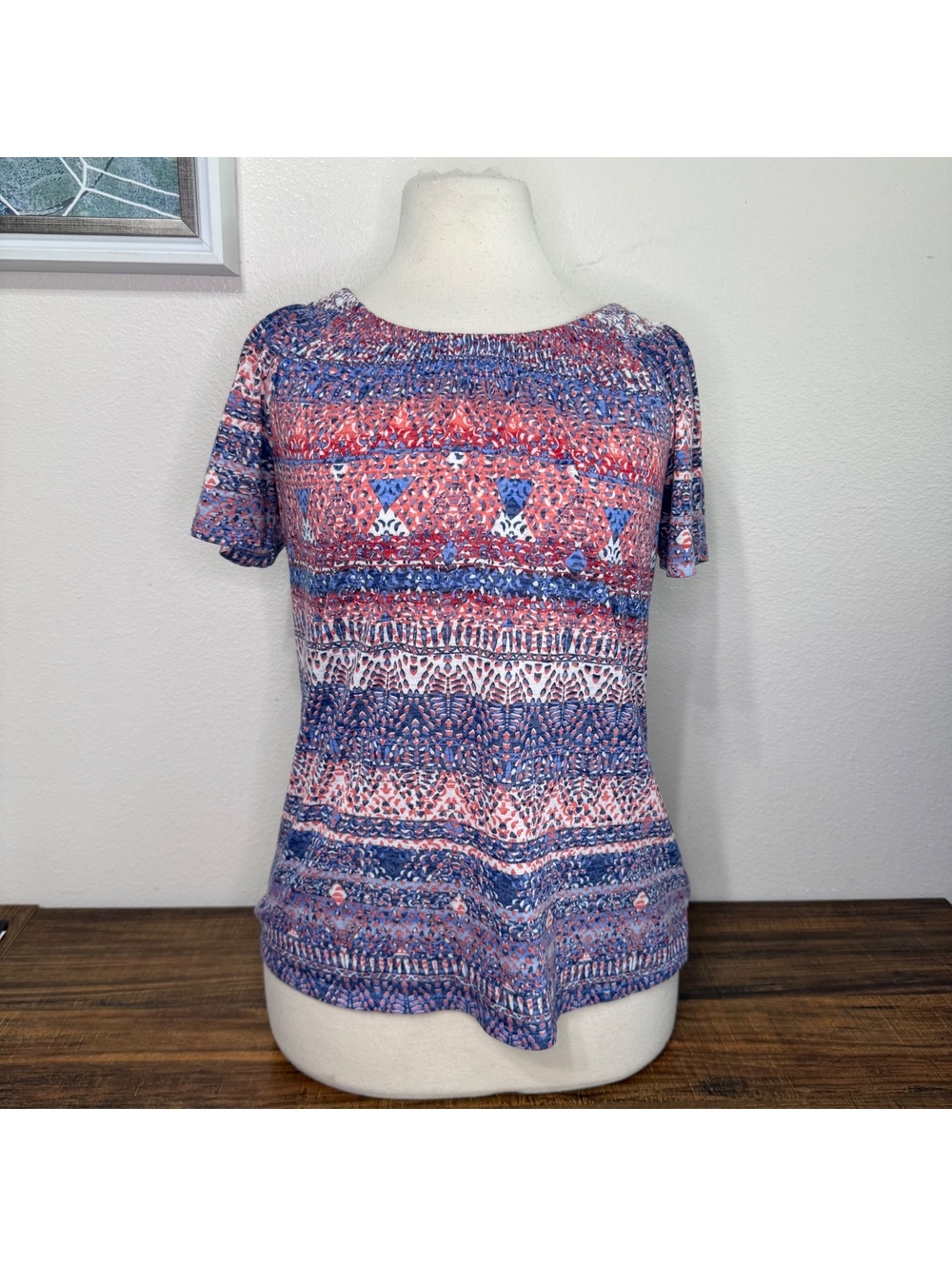 Women's Short Sleeve Patterned Polyester Top Size S